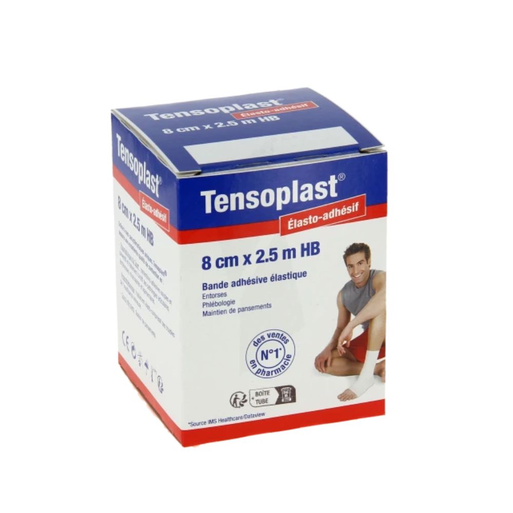 Un rouleau de bandage élastique Tensoplast déroulé, montrant sa texture et sa flexibilité.