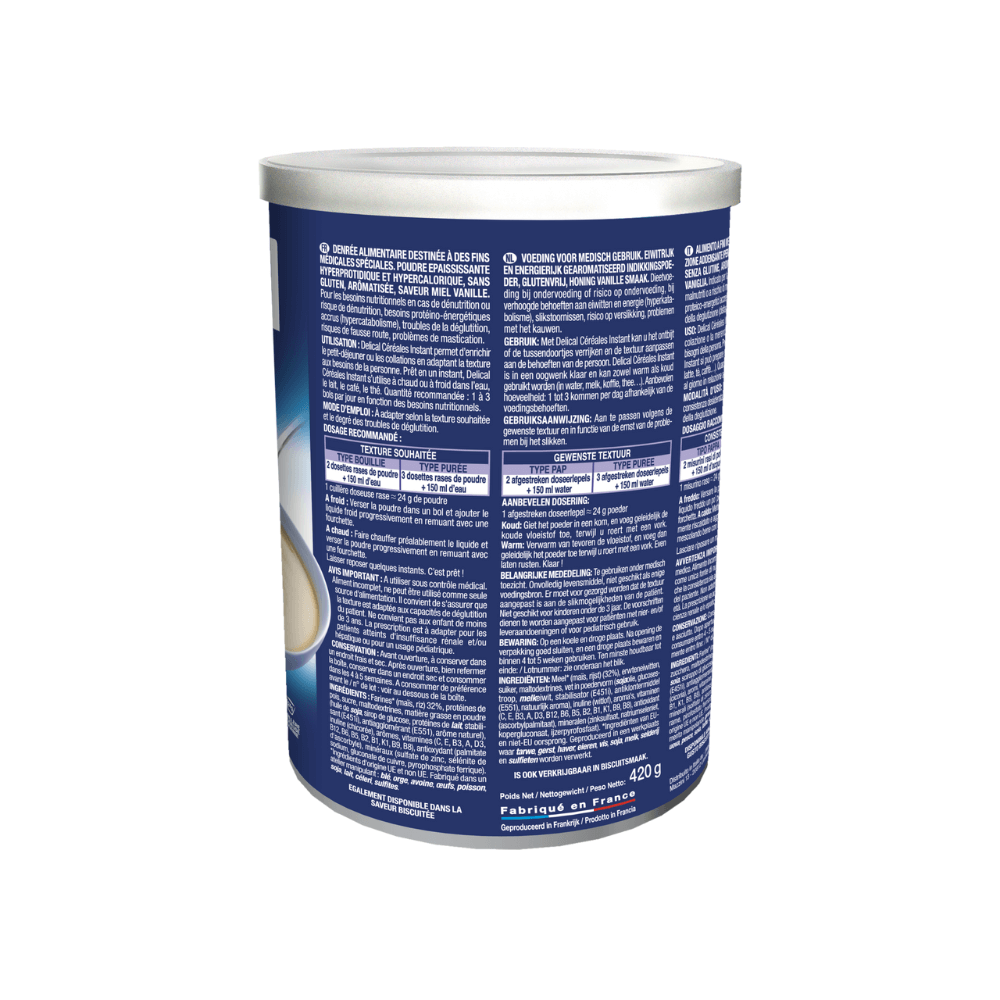 Dos de la Boite Céréales Instant Délical saveur miel-Vanille